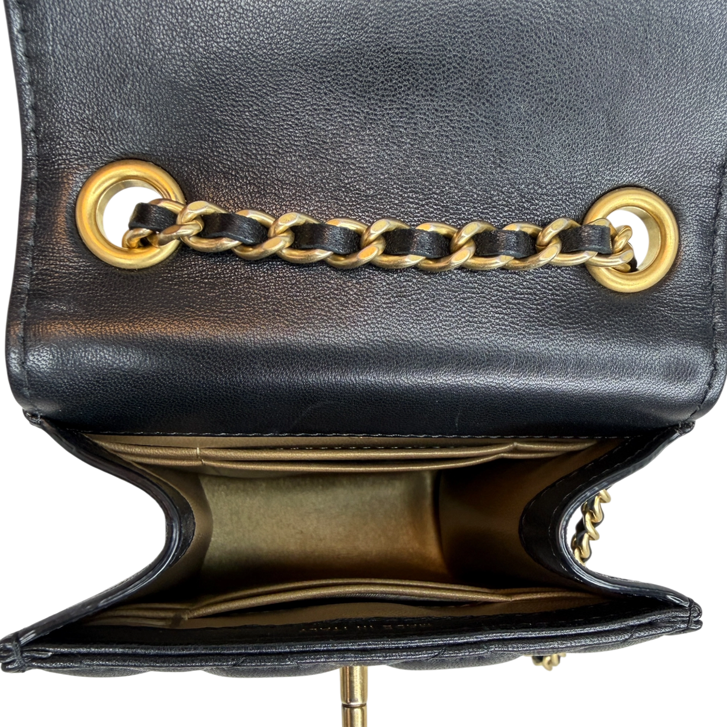 Chanel Pearl Crush Phone Holder with Chain Lammleder Schwarz Fullset / sehr gut Chanel