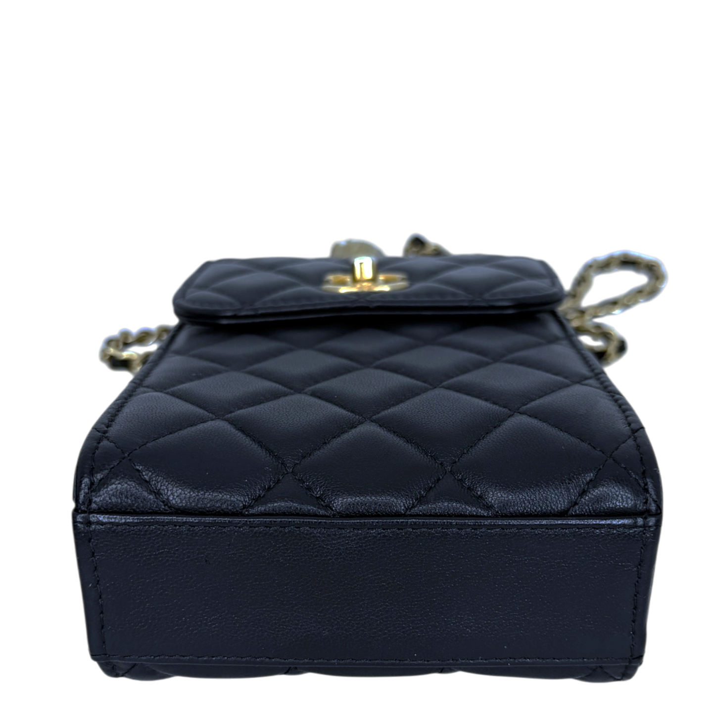 Chanel Pearl Crush Phone Holder with Chain Lammleder Schwarz Fullset / sehr gut Chanel