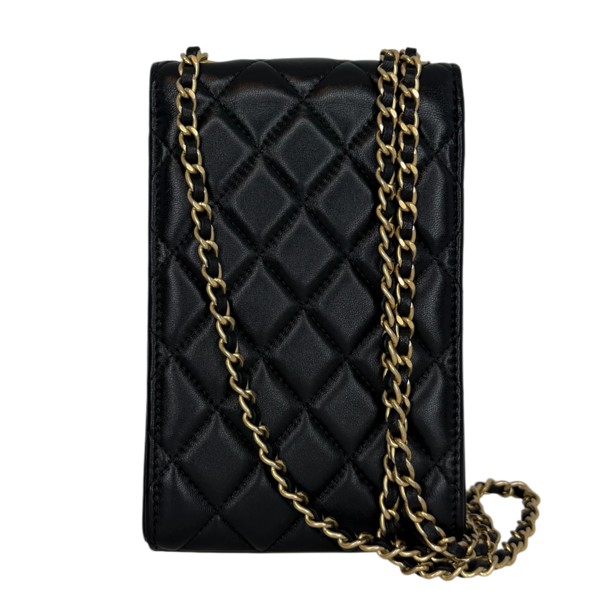 Chanel Pearl Crush Phone Holder with Chain Lammleder Schwarz Fullset / sehr gut Chanel