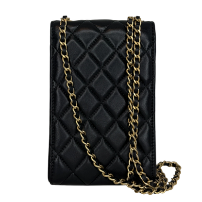 Chanel Pearl Crush Phone Holder with Chain Lammleder Schwarz Fullset / sehr gut Chanel