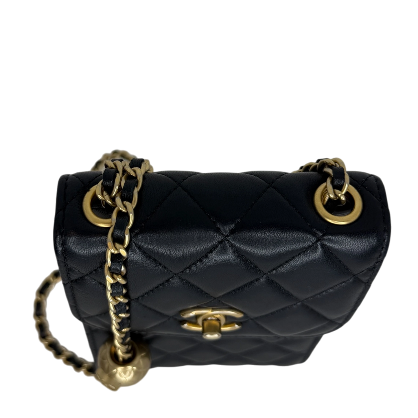 Chanel Pearl Crush Phone Holder with Chain Lammleder Schwarz Fullset / sehr gut Chanel