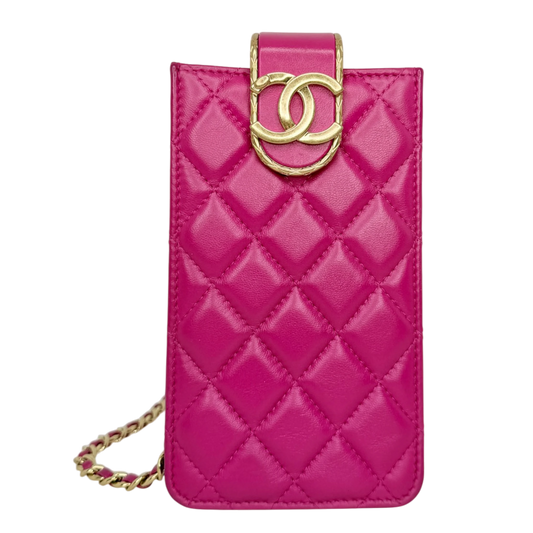 Chanel Phone Holder Kette Lammleder Pink Gold Chanel