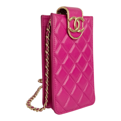 Chanel Phone Holder Kette Lammleder Pink Gold Chanel