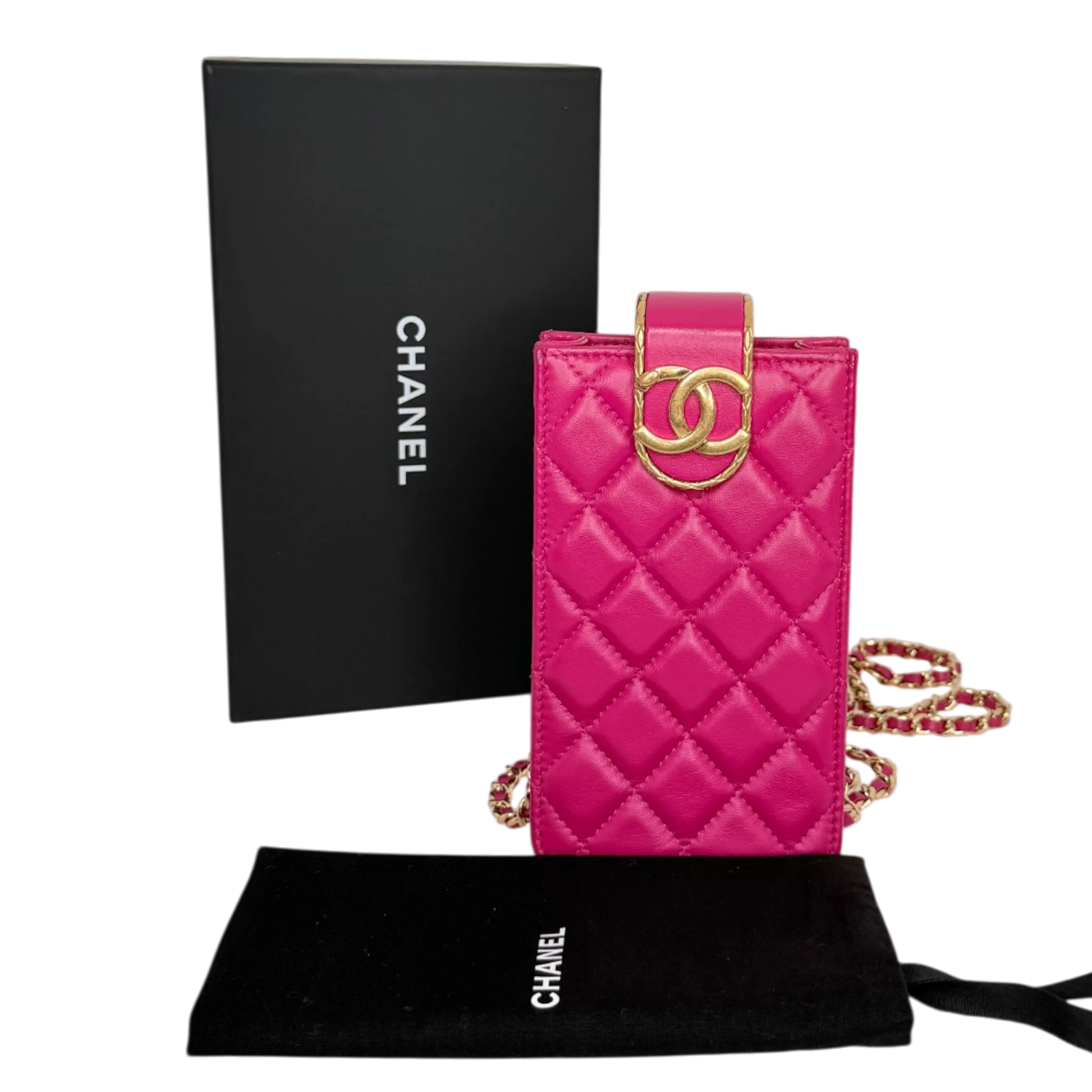 Chanel Phone Holder Kette Lammleder Pink Gold Chanel