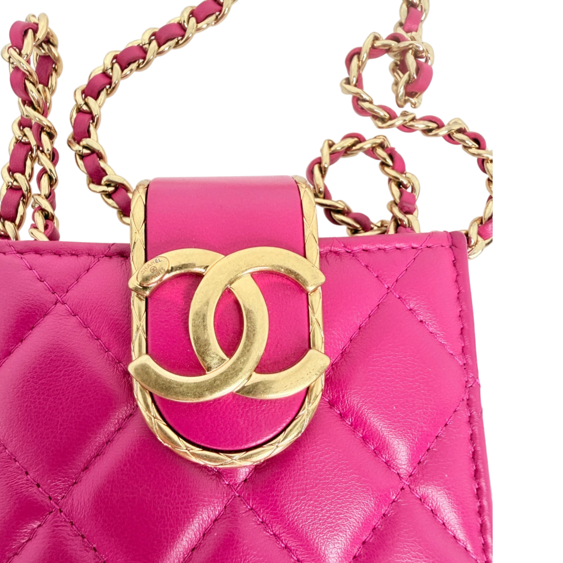Chanel Phone Holder Kette Lammleder Pink Gold Chanel