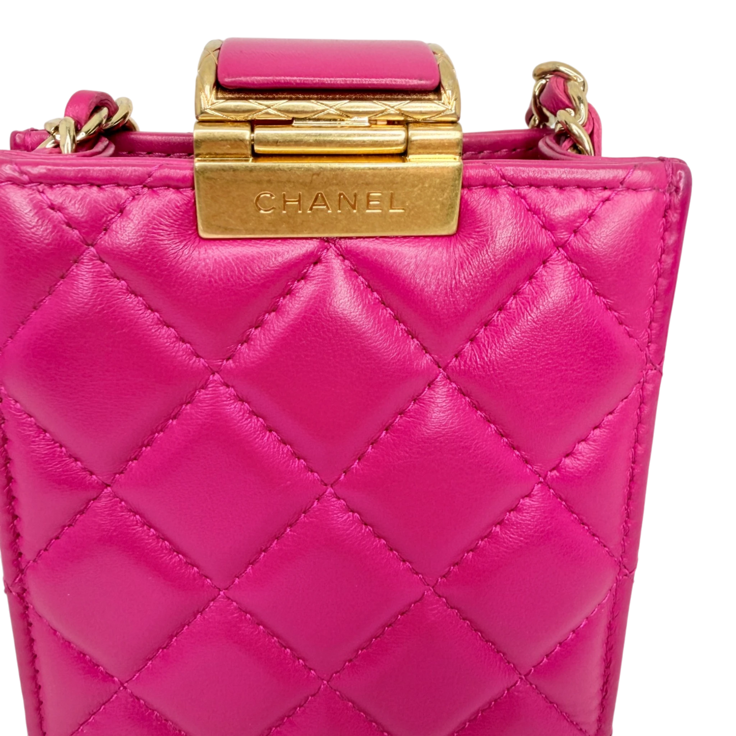 Chanel Phone Holder Kette Lammleder Pink Gold Chanel