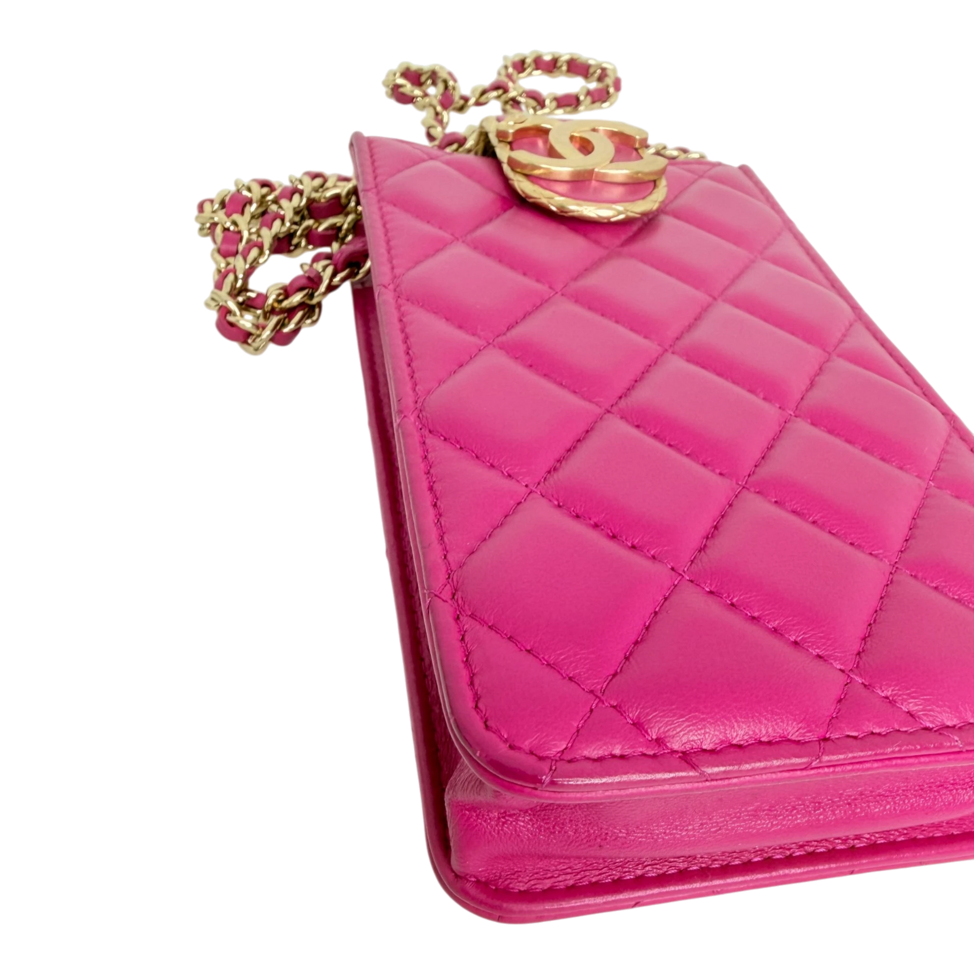 Chanel Phone Holder Kette Lammleder Pink Gold Chanel