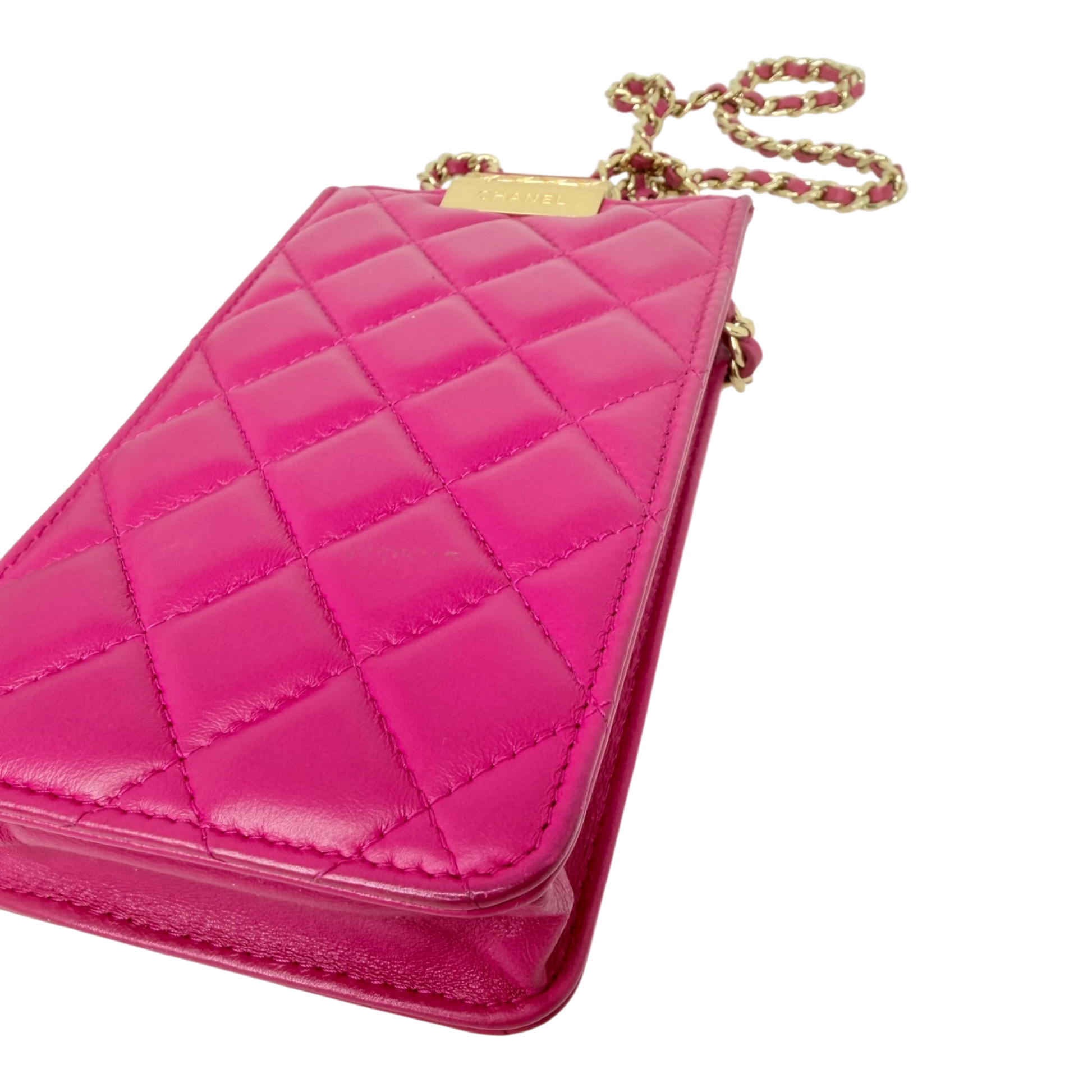 Chanel Phone Holder Kette Lammleder Pink Gold Chanel