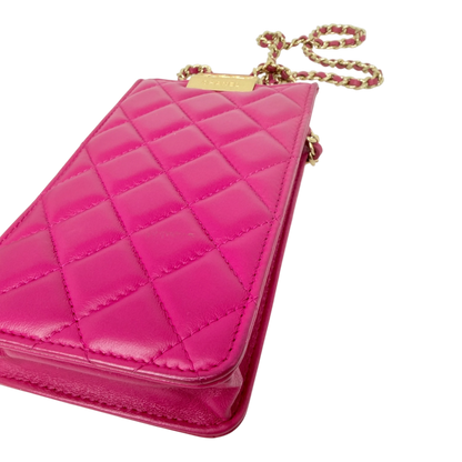 Chanel Phone Holder Kette Lammleder Pink Gold Chanel
