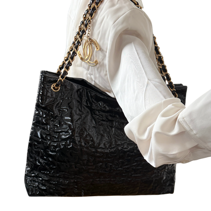 Chanel Puzzle Quilted Patent Tote Bag Schwarz / sehr gut Chanel