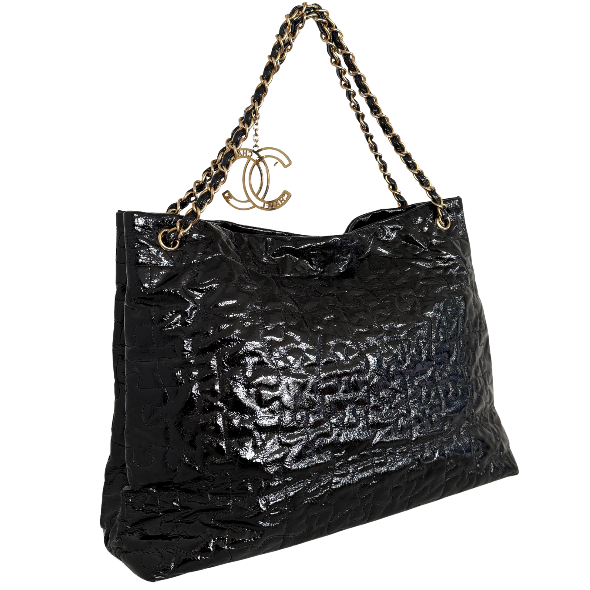 Chanel Puzzle Quilted Patent Tote Bag Schwarz / sehr gut Chanel