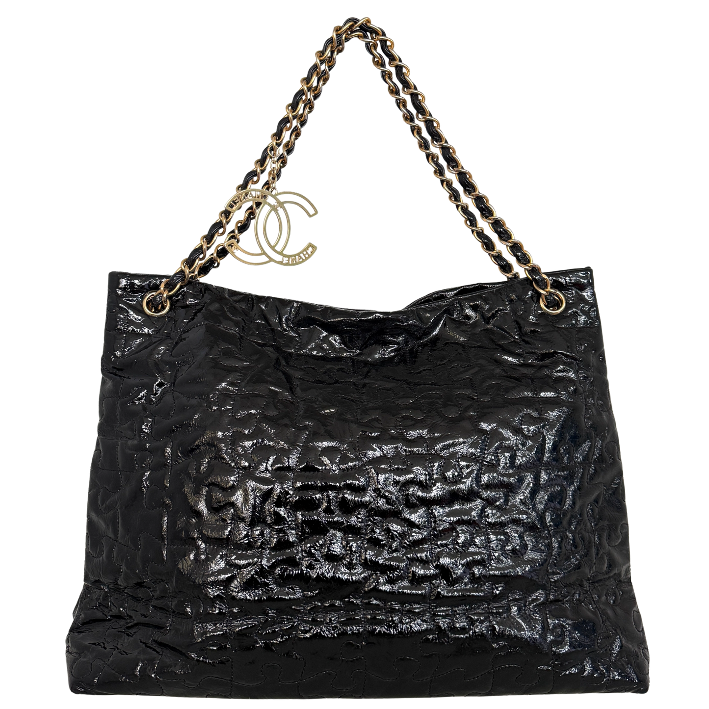 Chanel Puzzle Quilted Patent Tote Bag Schwarz / sehr gut Chanel
