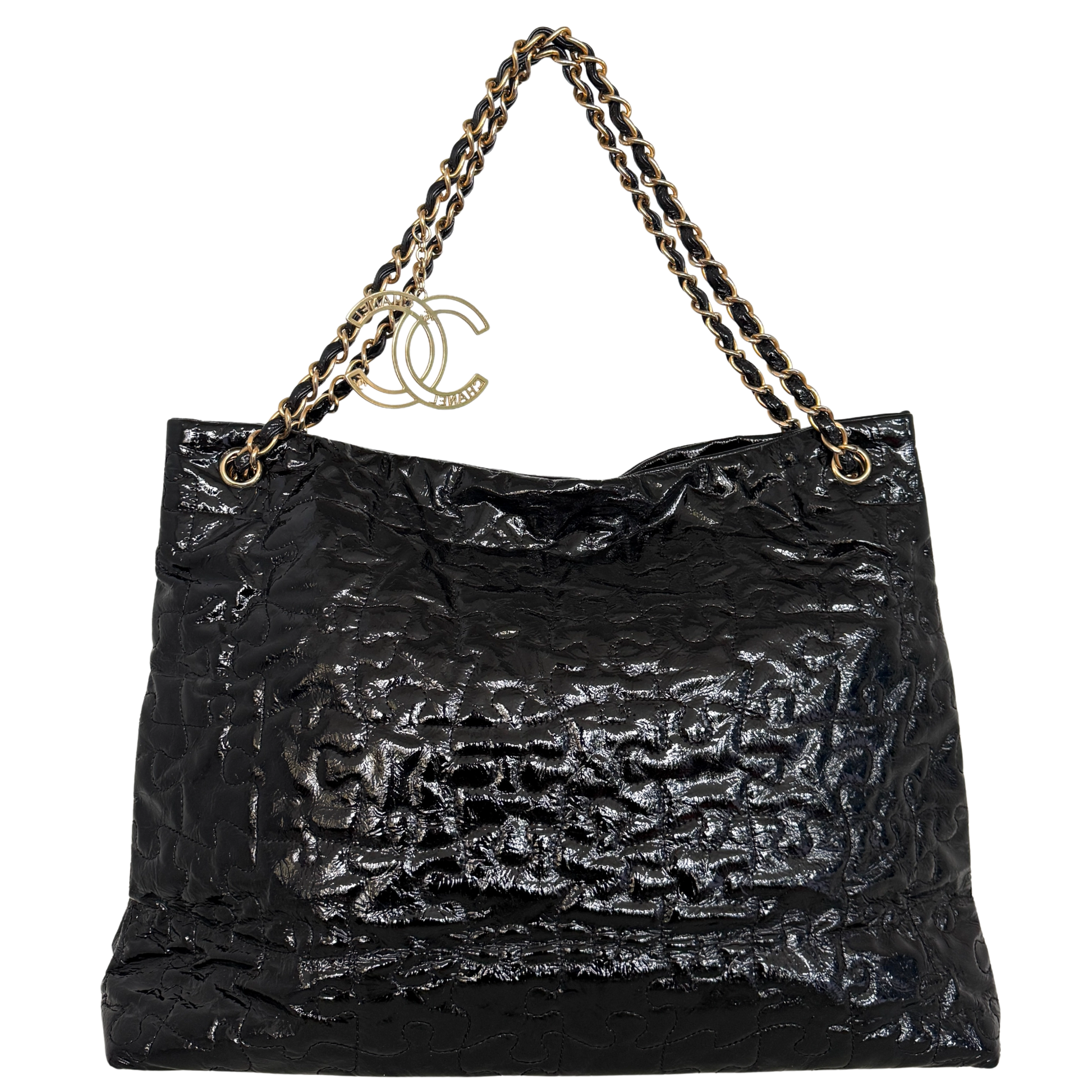 Chanel Puzzle Quilted Patent Tote Bag Schwarz / sehr gut Chanel