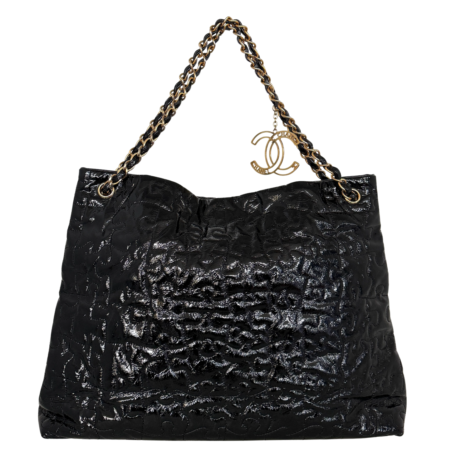 Chanel Puzzle Quilted Patent Tote Bag Schwarz / sehr gut Chanel