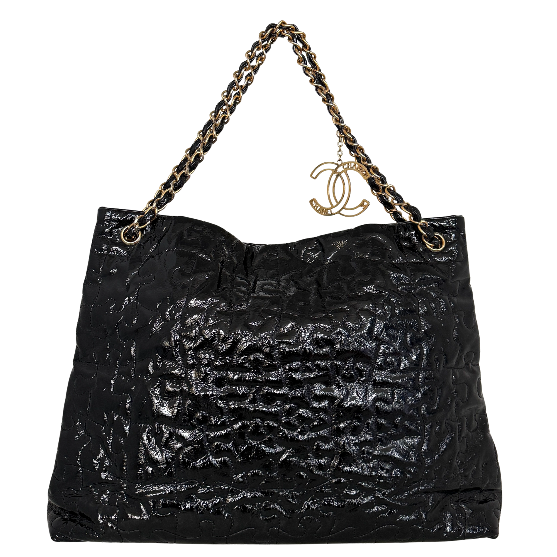 Chanel Puzzle Quilted Patent Tote Bag Schwarz / sehr gut Chanel