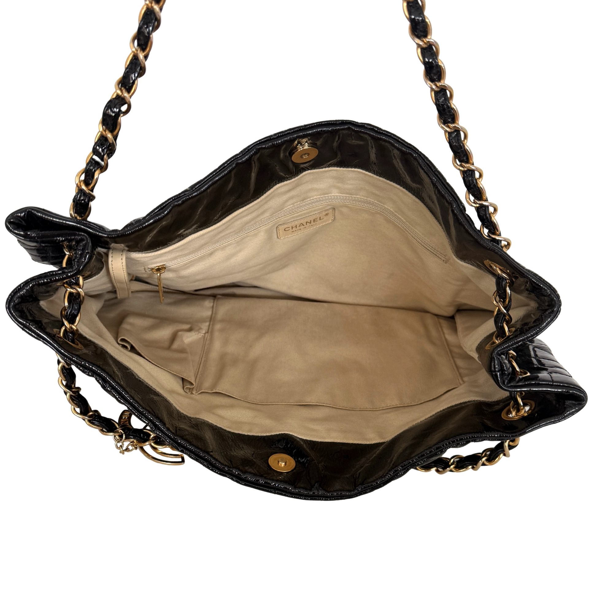 Chanel Puzzle Quilted Patent Tote Bag Schwarz / sehr gut Chanel