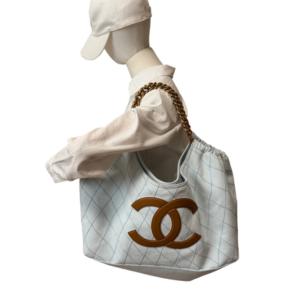 Chanel Small Shopping Bag Denim Hellblau Braun Gold Coco Beach Chanel