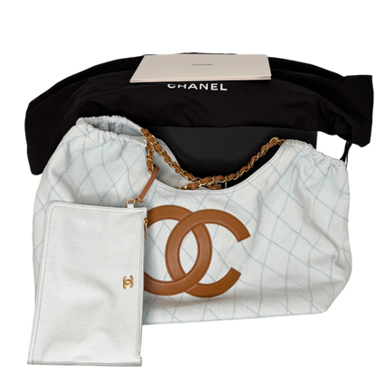 Chanel Small Shopping Bag Denim Hellblau Braun Gold Coco Beach Chanel