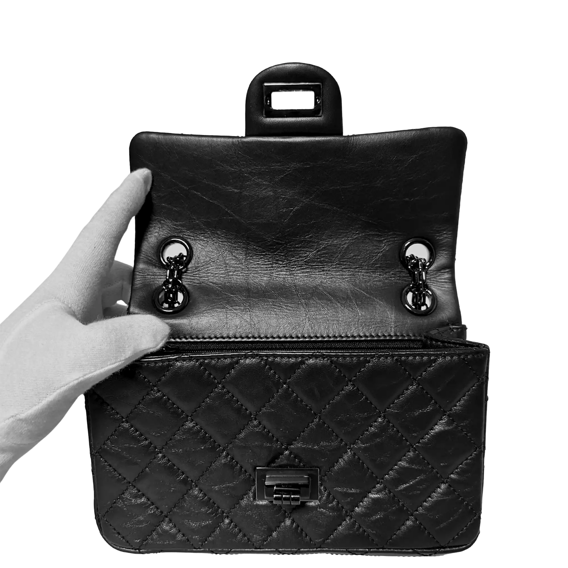 Chanel Mini Reissue 224 2.55 Flap So Black Aged Calfskin schwarze Hardware Fullset / neuwertig Chanel