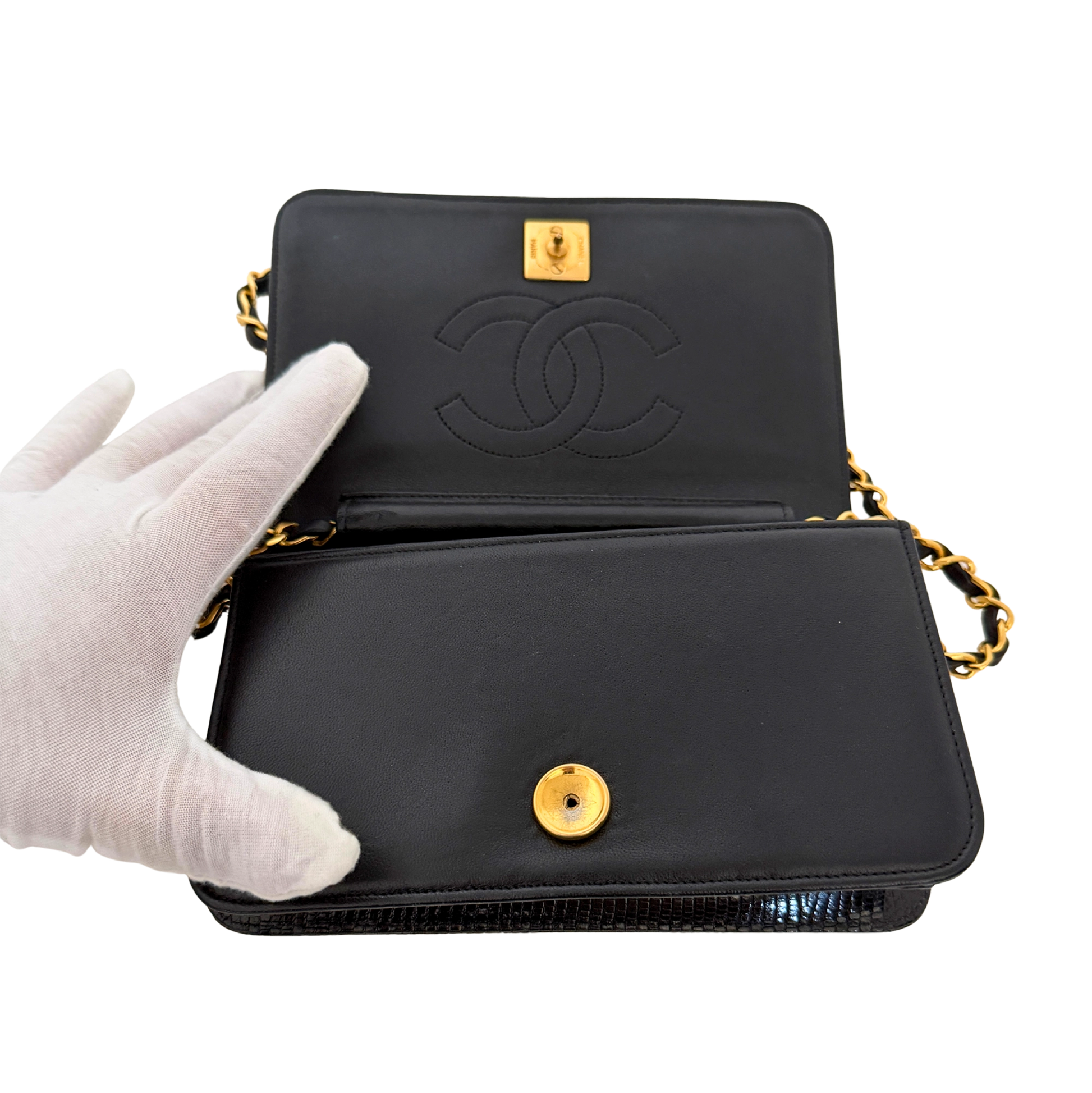 Chanel Vintage Wallet on Chain Timeless Lizard Leder schwarz / sehr gut Chanel