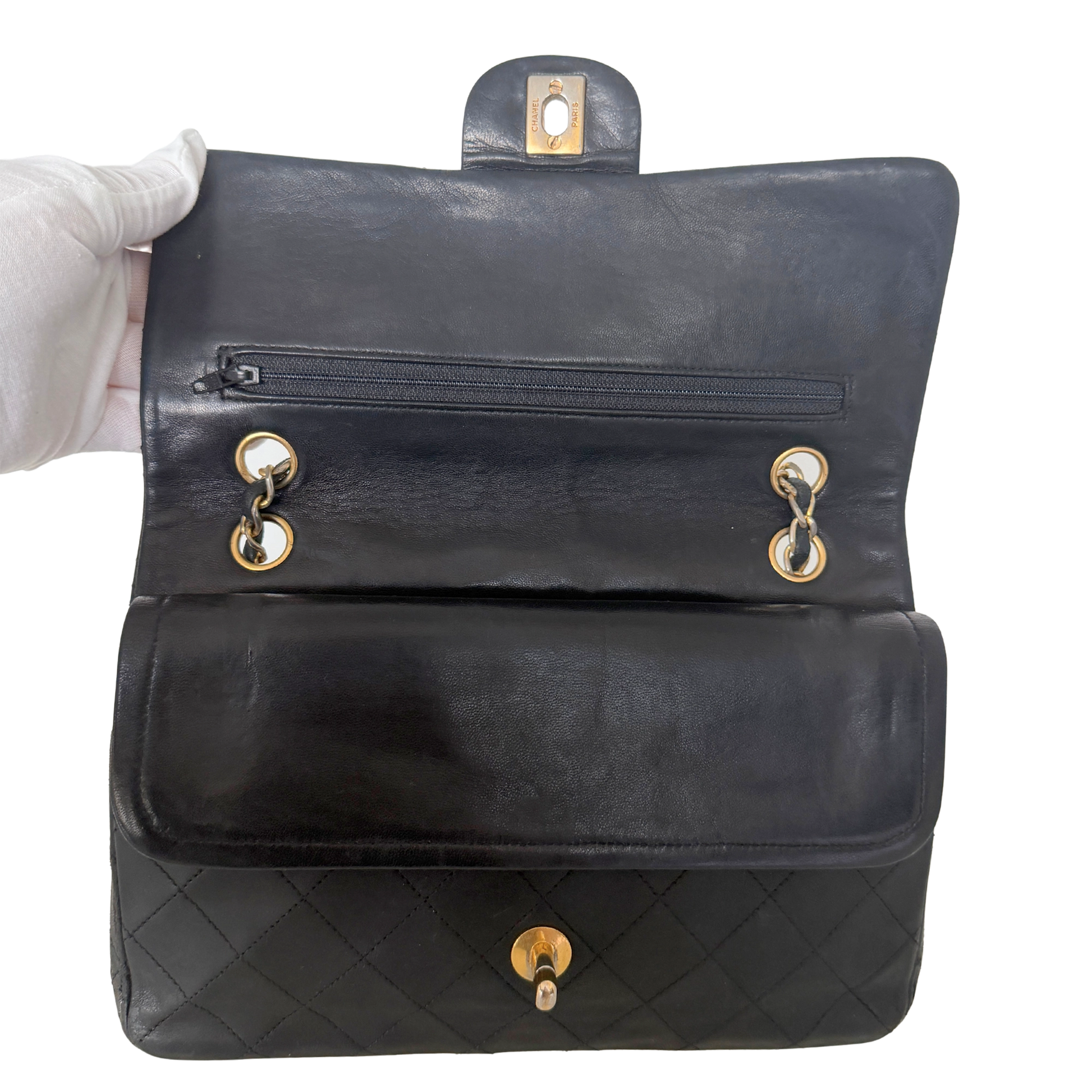 Chanel Timeless Double Flap Bag Medium Vintage schwarz / akzeptabel Chanel