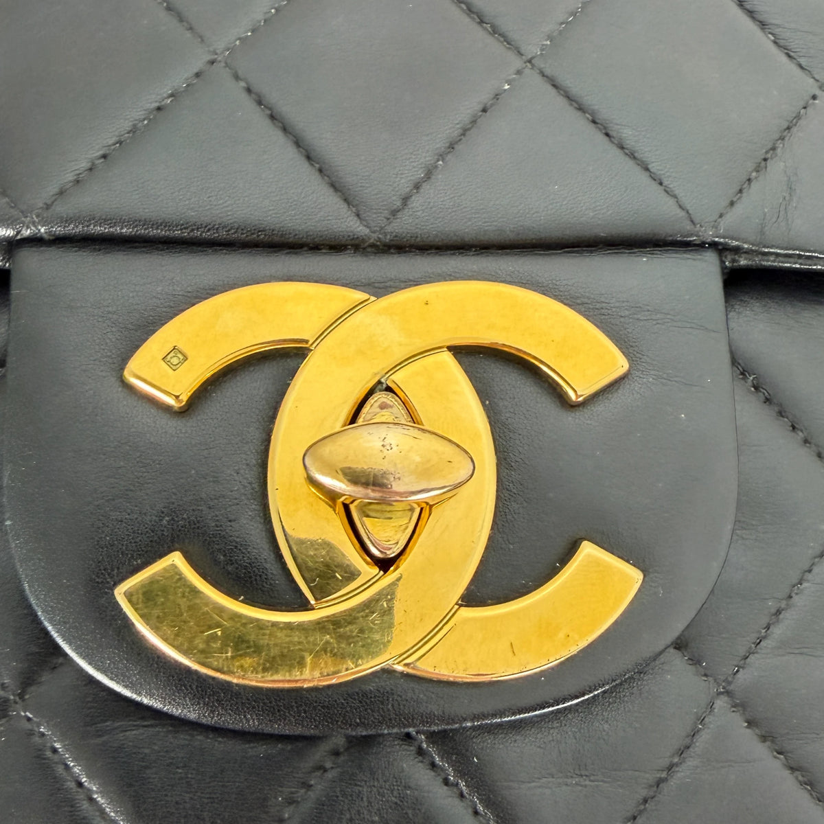 Chanel Vintage Jumbo XL Single Flap Bag Lambskin Black Gold