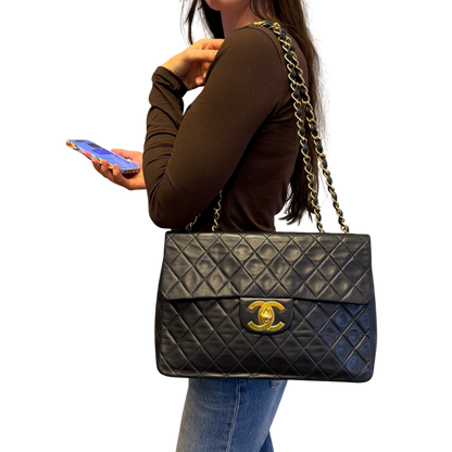 Chanel Vintage Jumbo XL Single Flap Bag Lambskin Black Gold