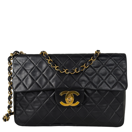 Chanel Vintage Jumbo XL Single Flap Bag Lambskin Black Gold