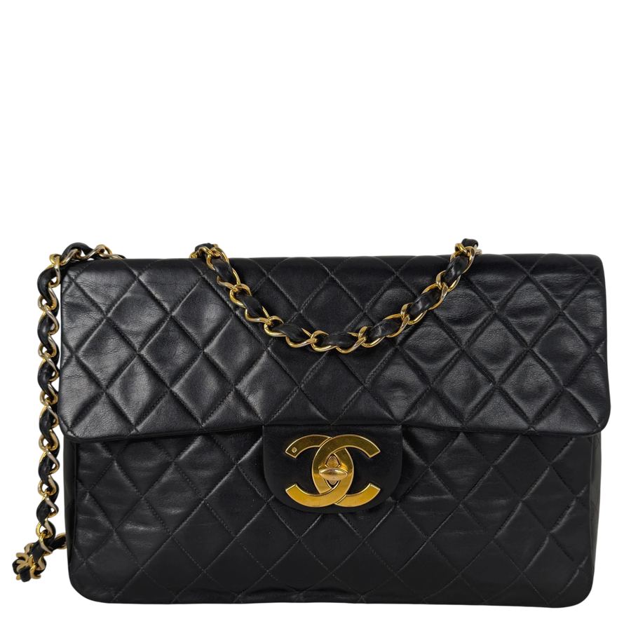 Chanel Vintage Jumbo XL Single Flap Bag Lammleder Schwarz Gold