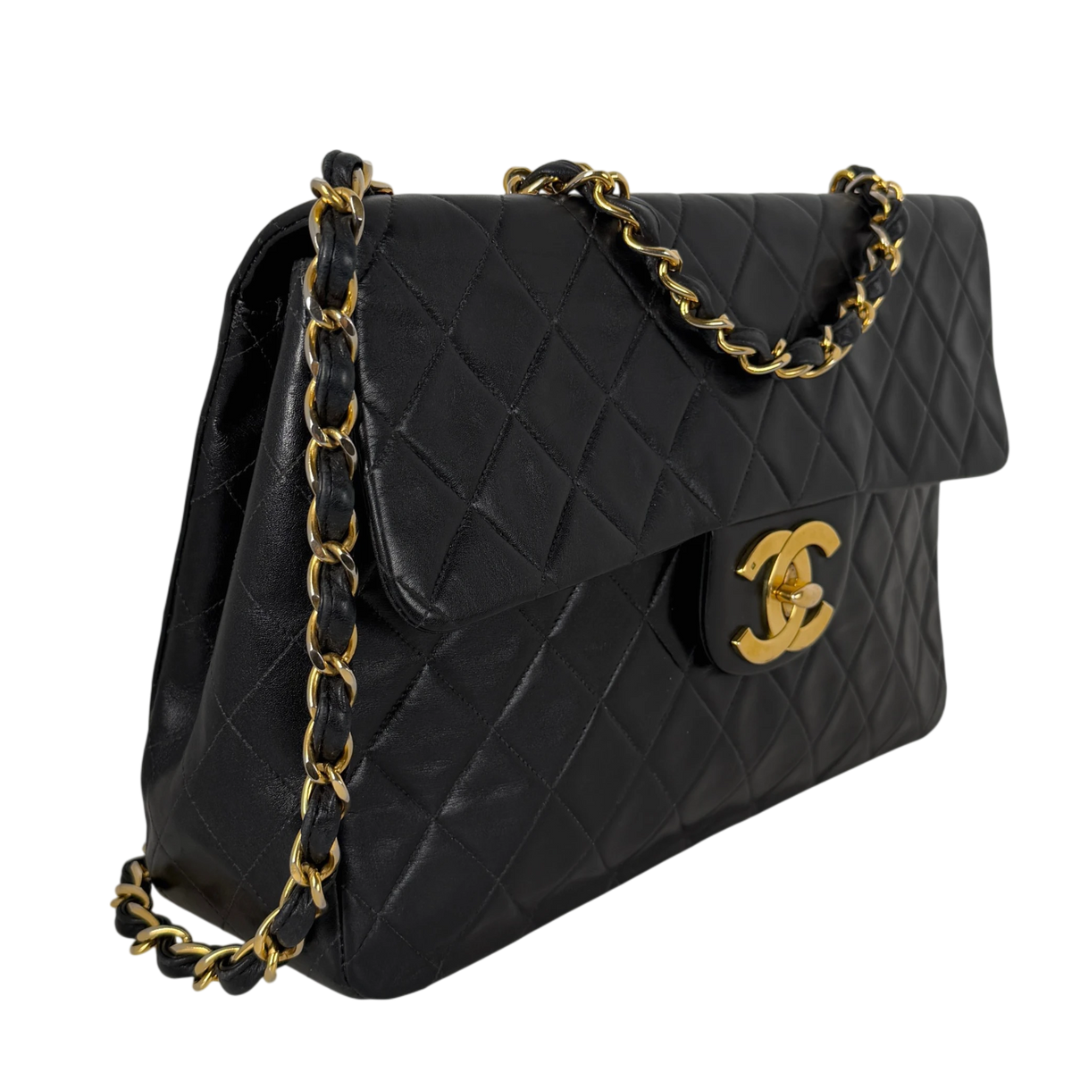 Chanel Vintage Jumbo XL Single Flap Bag Lambskin Black Gold
