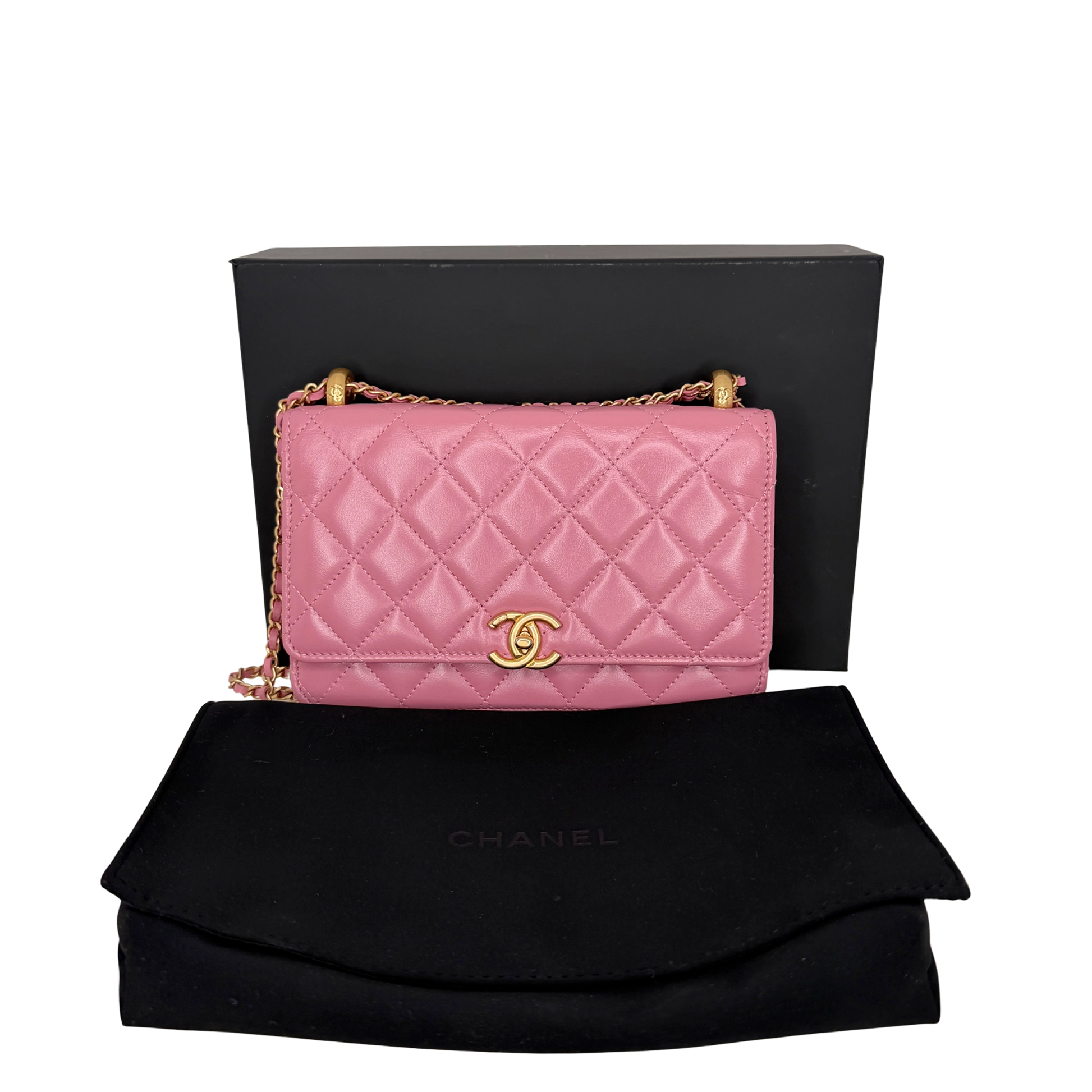 Chanel Wallet on Chain Pink glänzenes Kalbsleder Fullset / Sehr gut Chanel