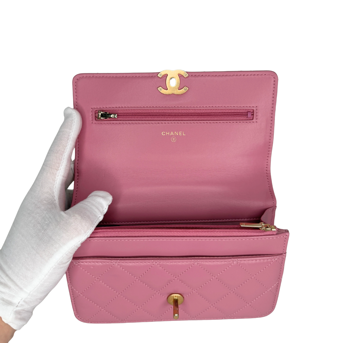 Chanel Wallet on Chain Pink glänzenes Kalbsleder Fullset / Sehr gut Chanel
