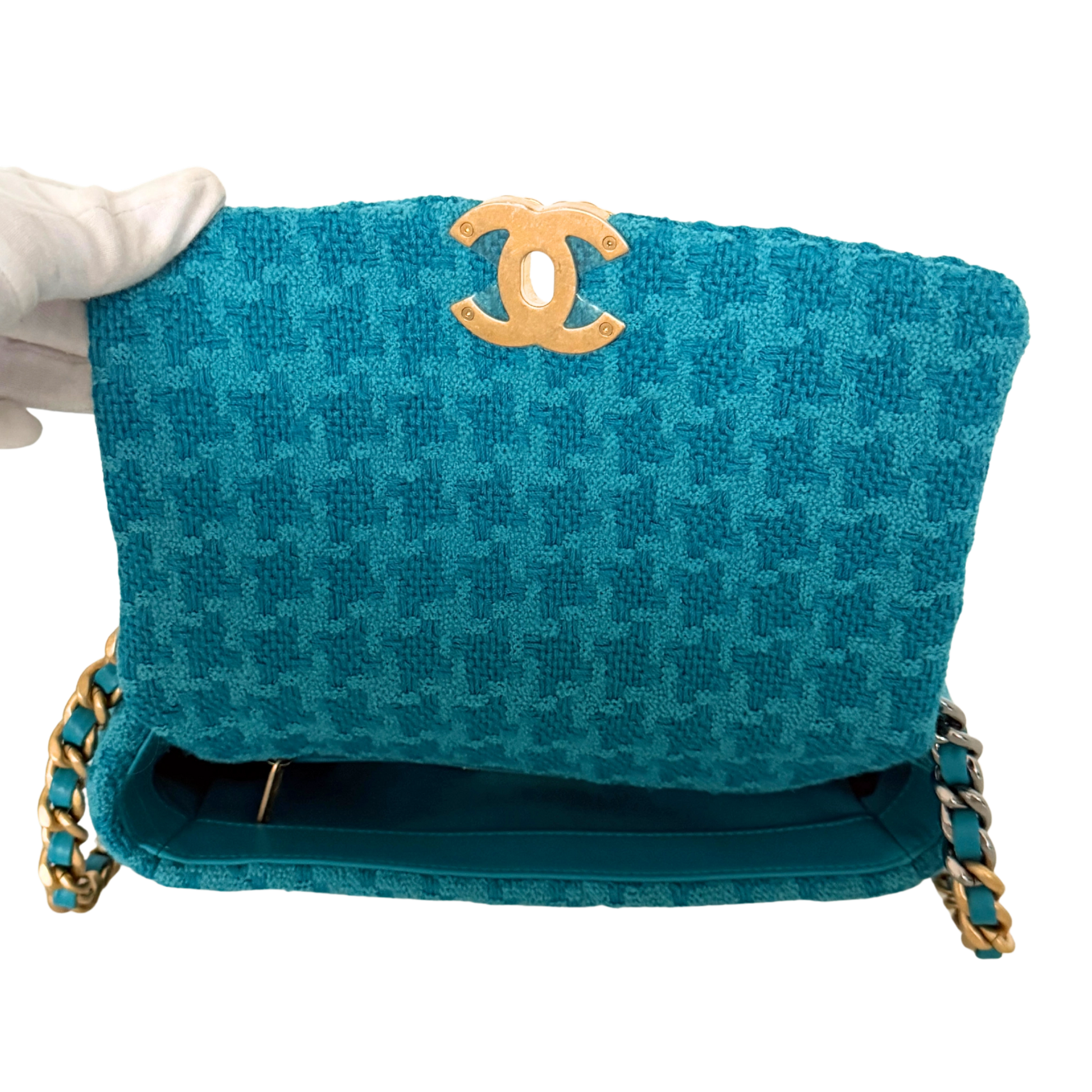 Chanel 19 Schultertasche Tweed Blau Fullset / neuwertig Chanel
