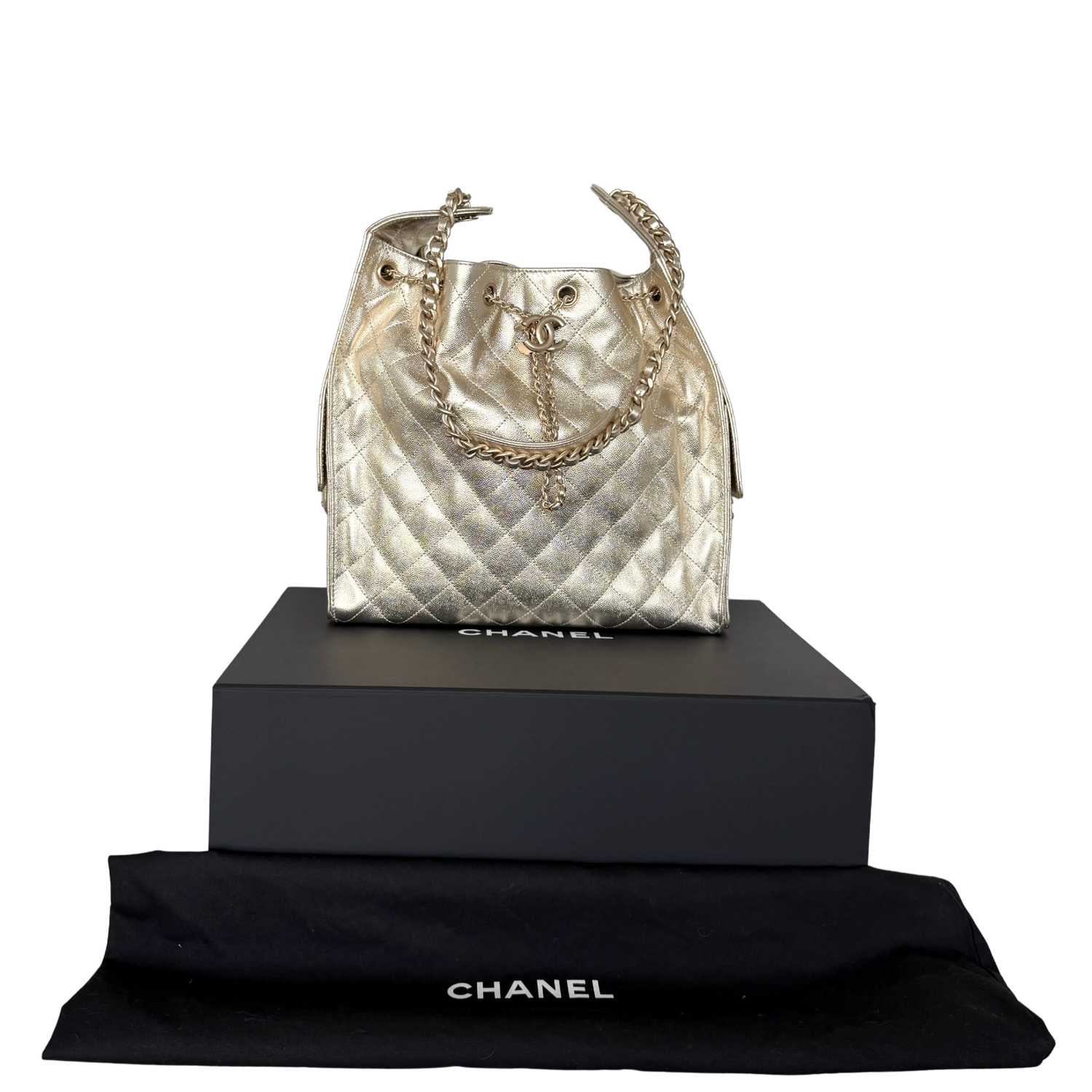 Chanel 25 Small Metallic Champagner Gold Fullset / neuwertig Chanel