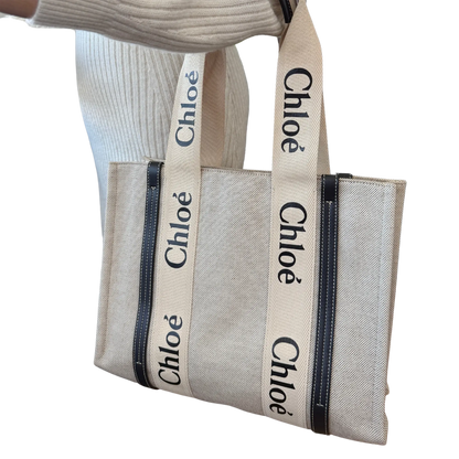 Chloé Woody Tote Bag aus Leinen beige / sehr gut Echtheitscheck