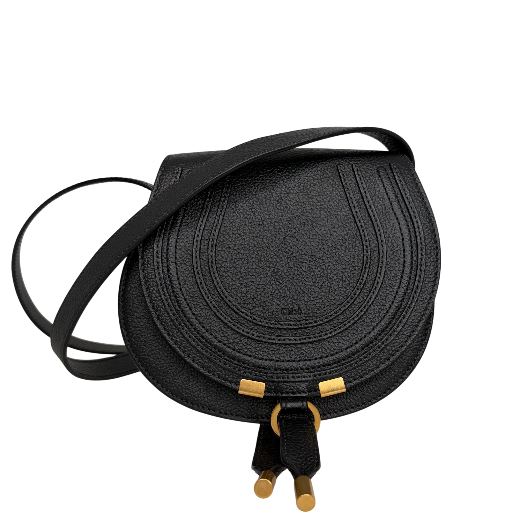 Chloé Marcie Mini Saddle Bag Leder Schwarz Gold Crossbody Chloé