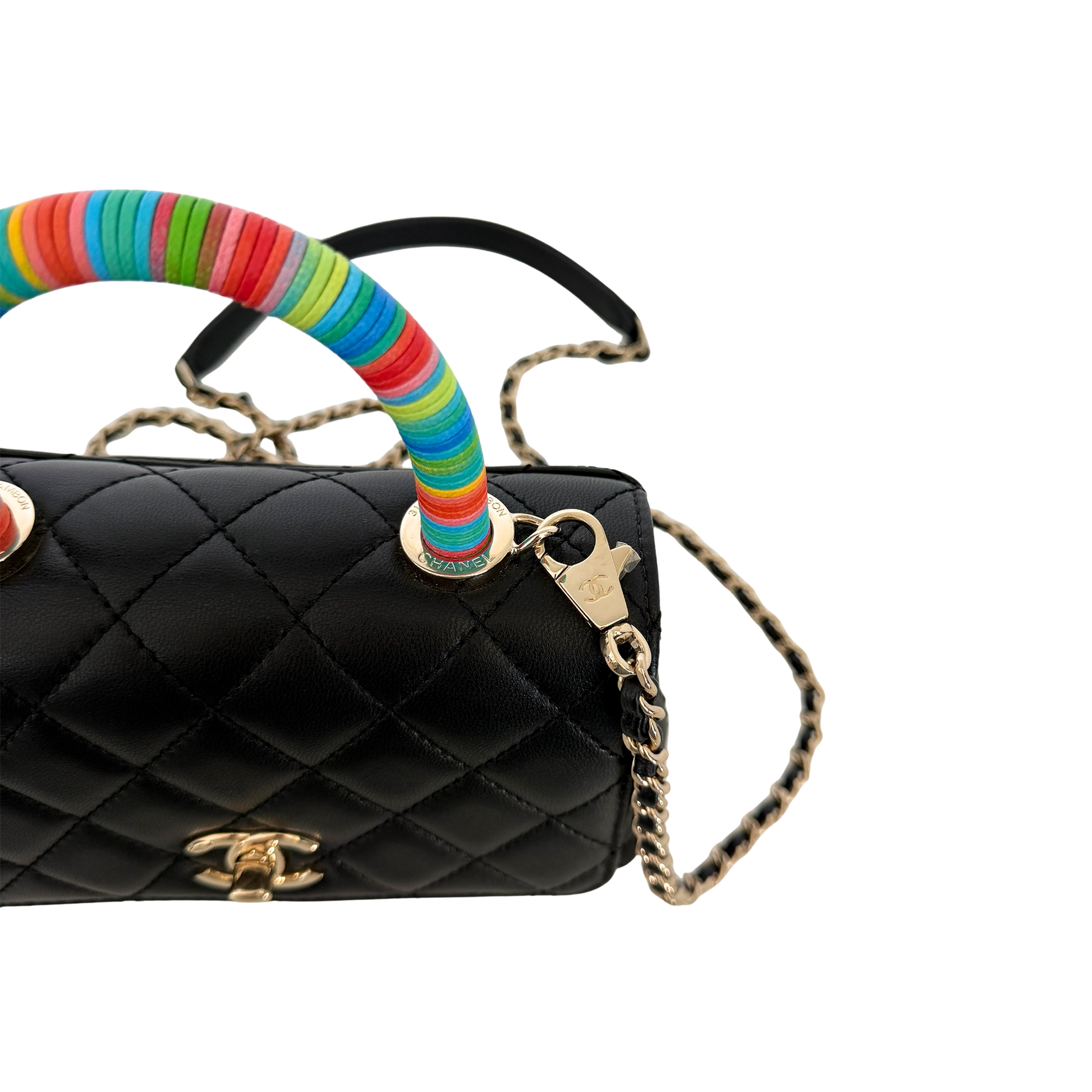 Chanel Mini Flap Bag mit Rainbow Top Handle Lammleder Schwarz / neuwertig Chanel