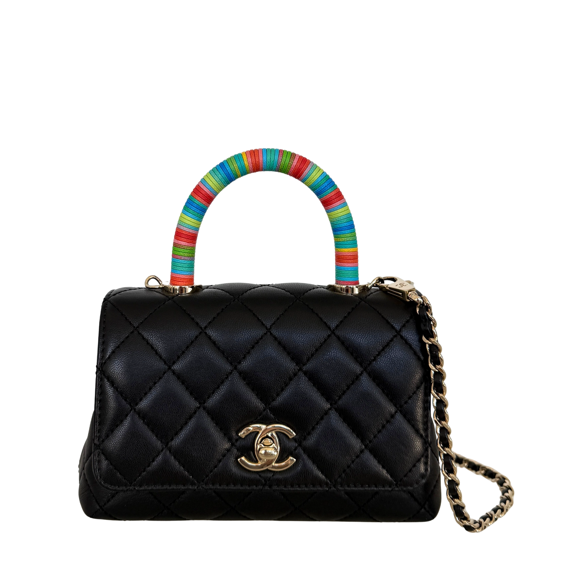 Chanel Mini Flap Bag mit Rainbow Top Handle Lammleder Schwarz / neuwertig Chanel