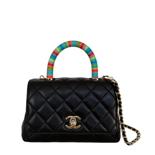 Chanel Mini Flap Bag mit Rainbow Top Handle Lammleder Schwarz / neuwertig Chanel