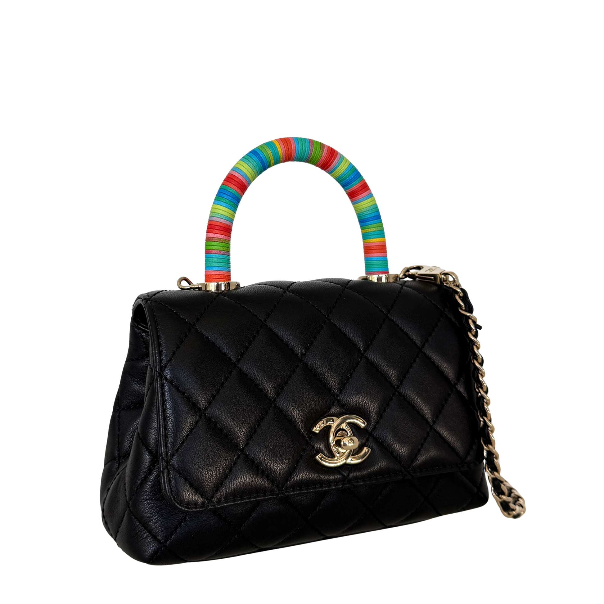 Chanel Mini Flap Bag mit Rainbow Top Handle Lammleder Schwarz / neuwertig Chanel