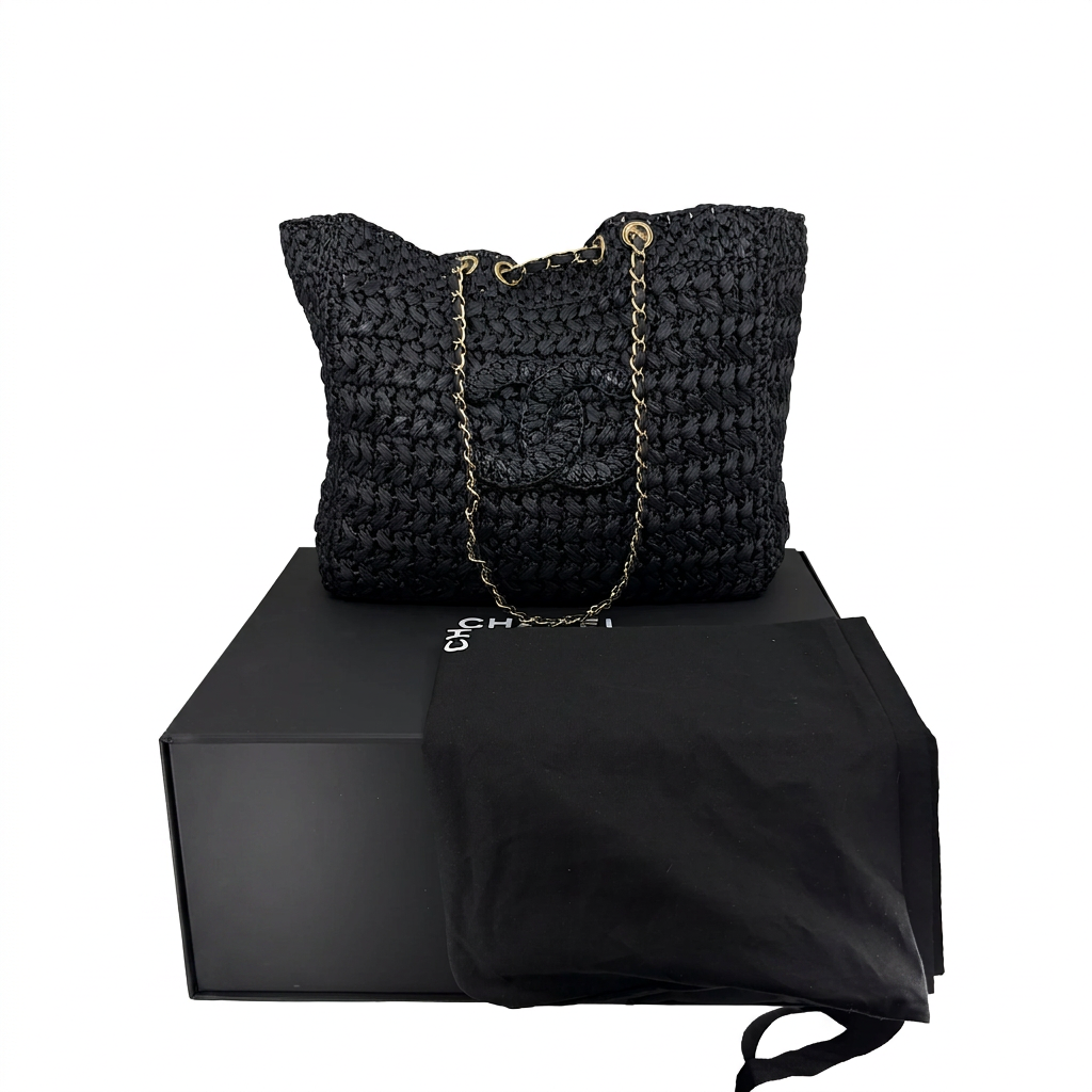Chanel Shopping Bag Coco Beach 2026 Raffia Effekt Schwarz Gold