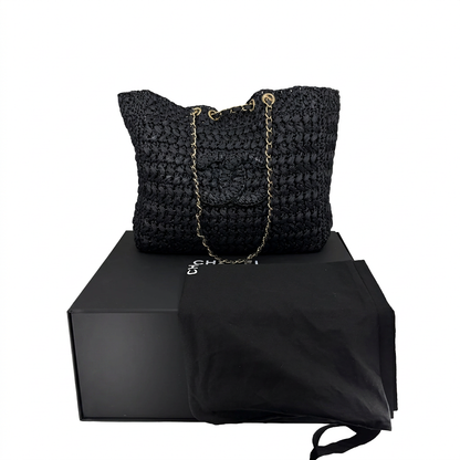 Chanel Shopping Bag Coco Beach 2026 Raffia Effekt Schwarz Gold