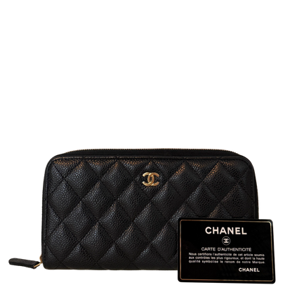 Chanel Gusset Zip Around Geldbörse Kaviarleder Schwarz / gut