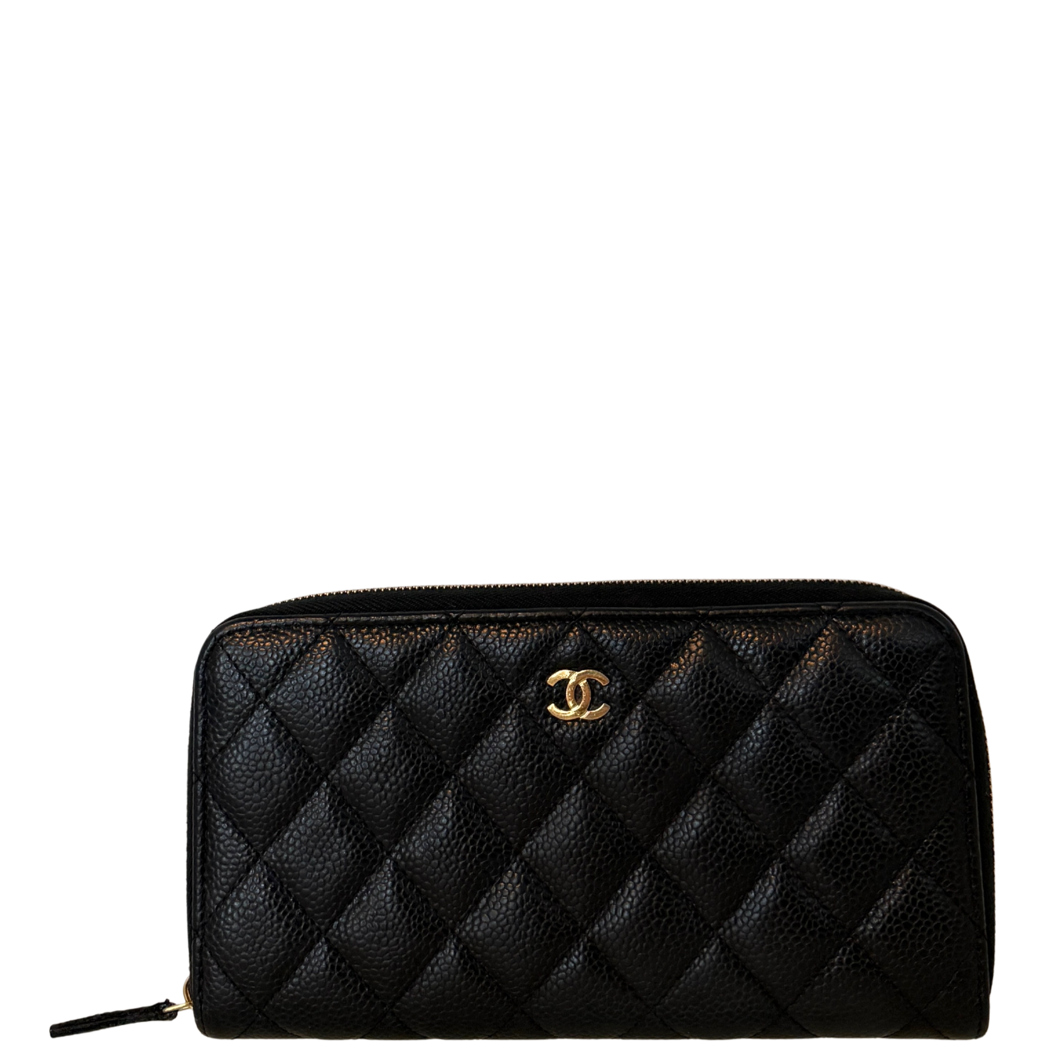 Chanel Gusset Zip Around Geldbörse Kaviarleder Schwarz / gut