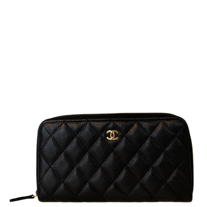 Chanel Gusset Zip Around Geldbörse Kaviarleder Schwarz / gut