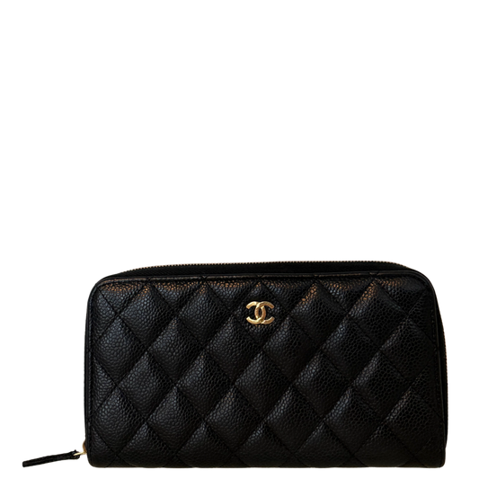 Chanel Gusset Zip Around Geldbörse Kaviarleder Schwarz / gut