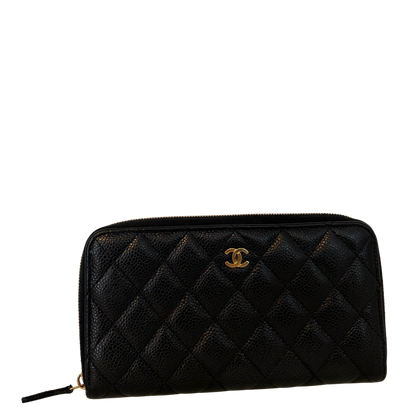 Chanel Gusset Zip Around Geldbörse Kaviarleder Schwarz / gut