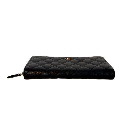 Chanel Gusset Zip Around Geldbörse Kaviarleder Schwarz / gut