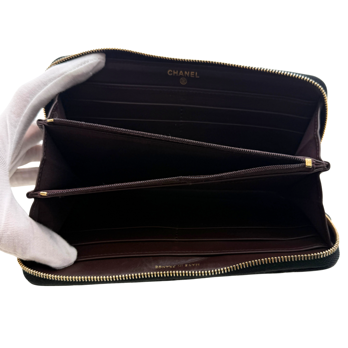 Chanel Gusset Zip Around Geldbörse Kaviarleder Schwarz / gut