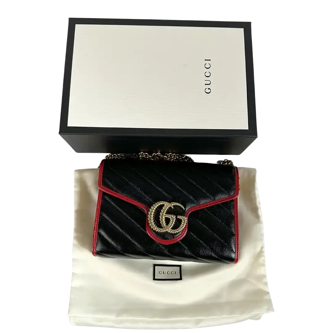 Gucci Torchon GG Marmont Wallet on Chain rot schwarz Leder / neuwertig Gucci